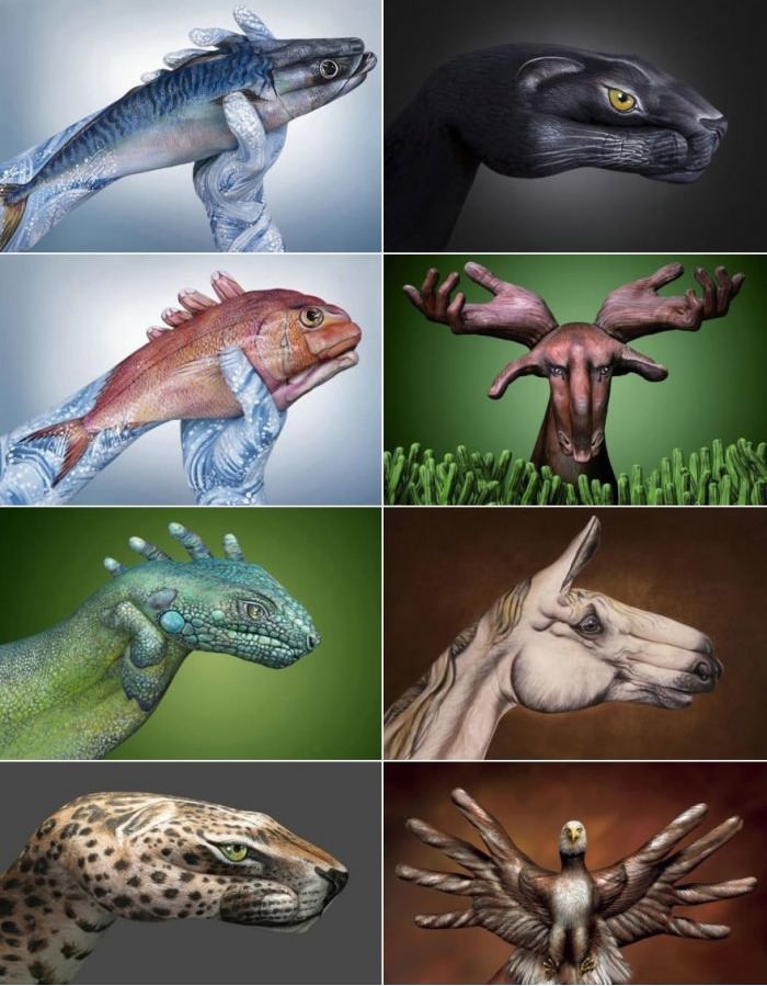 Hands painted as animals.