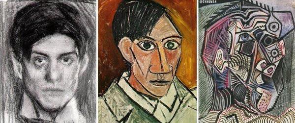 Picasso self-portrait at age 18, 25 and 90