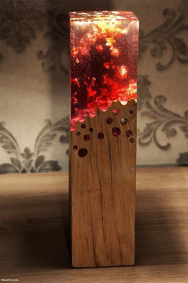 Wood lamp made with acrylic glass looks like it’s burning